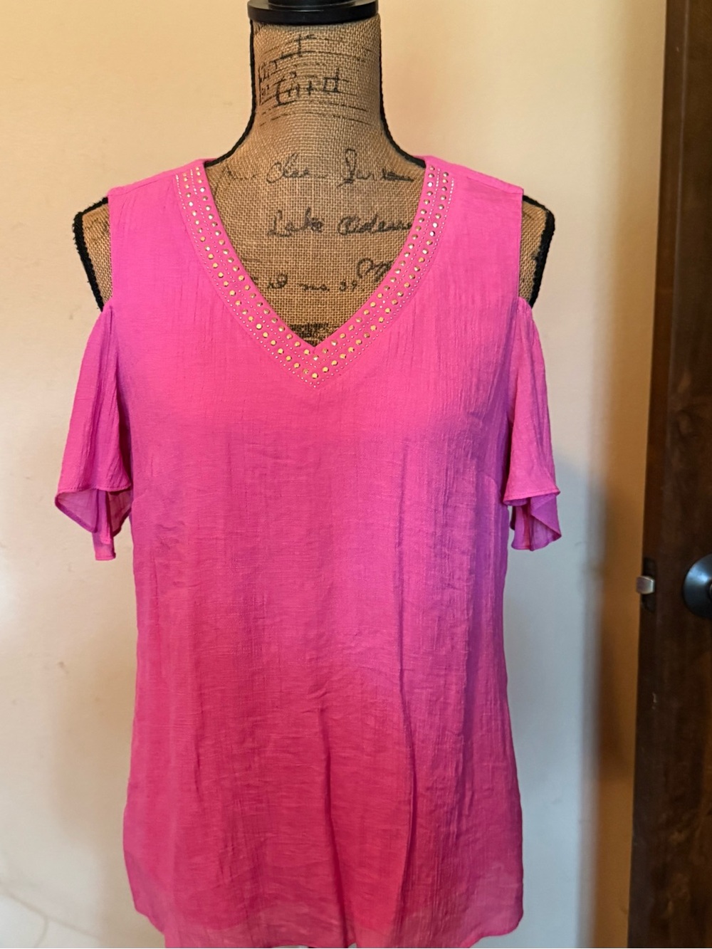 JM Collection Hot Pink Cold-Shoulder V-Neck Tunic with Stud Accents